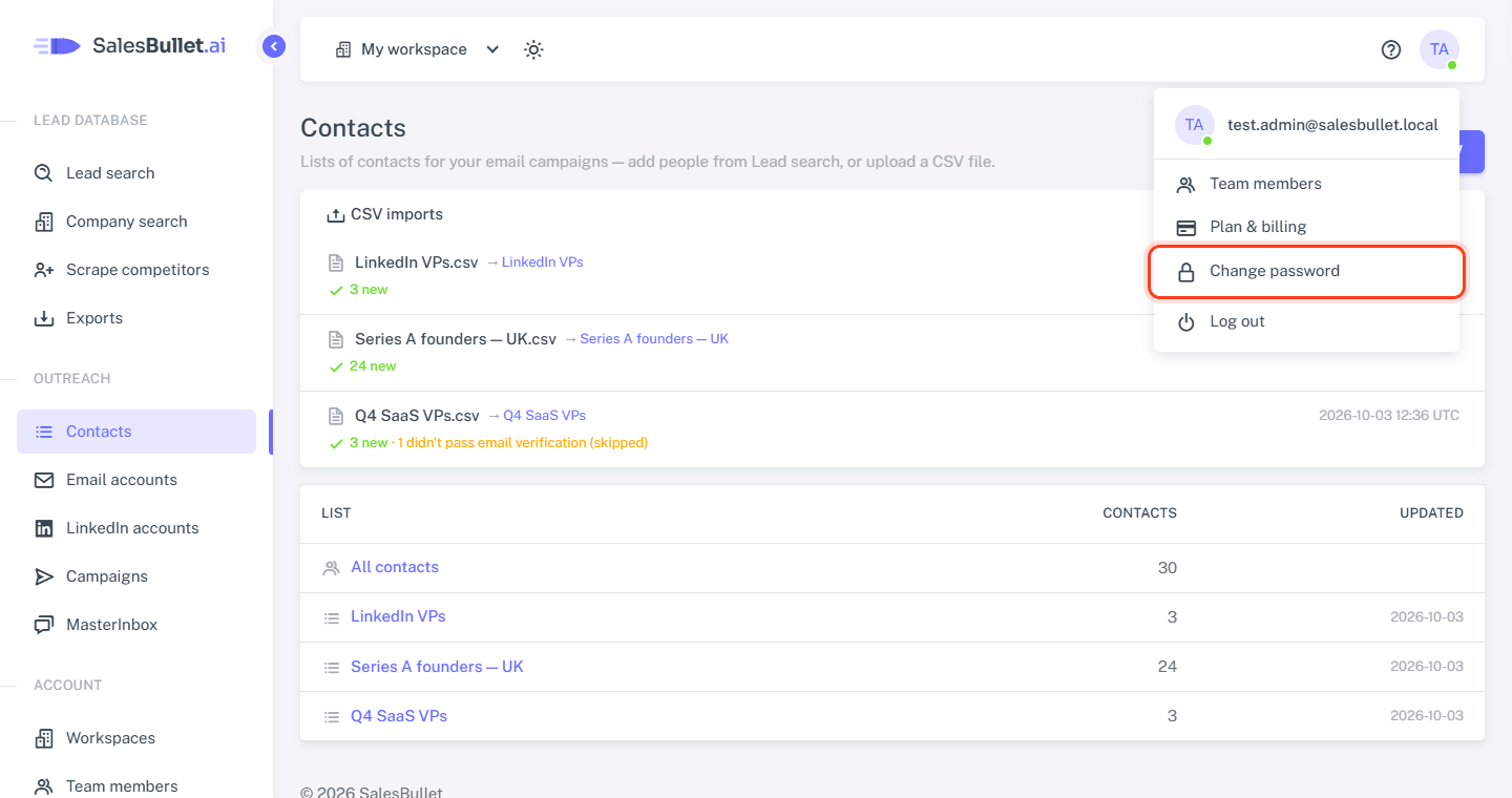 Your avatar's menu, with Change password