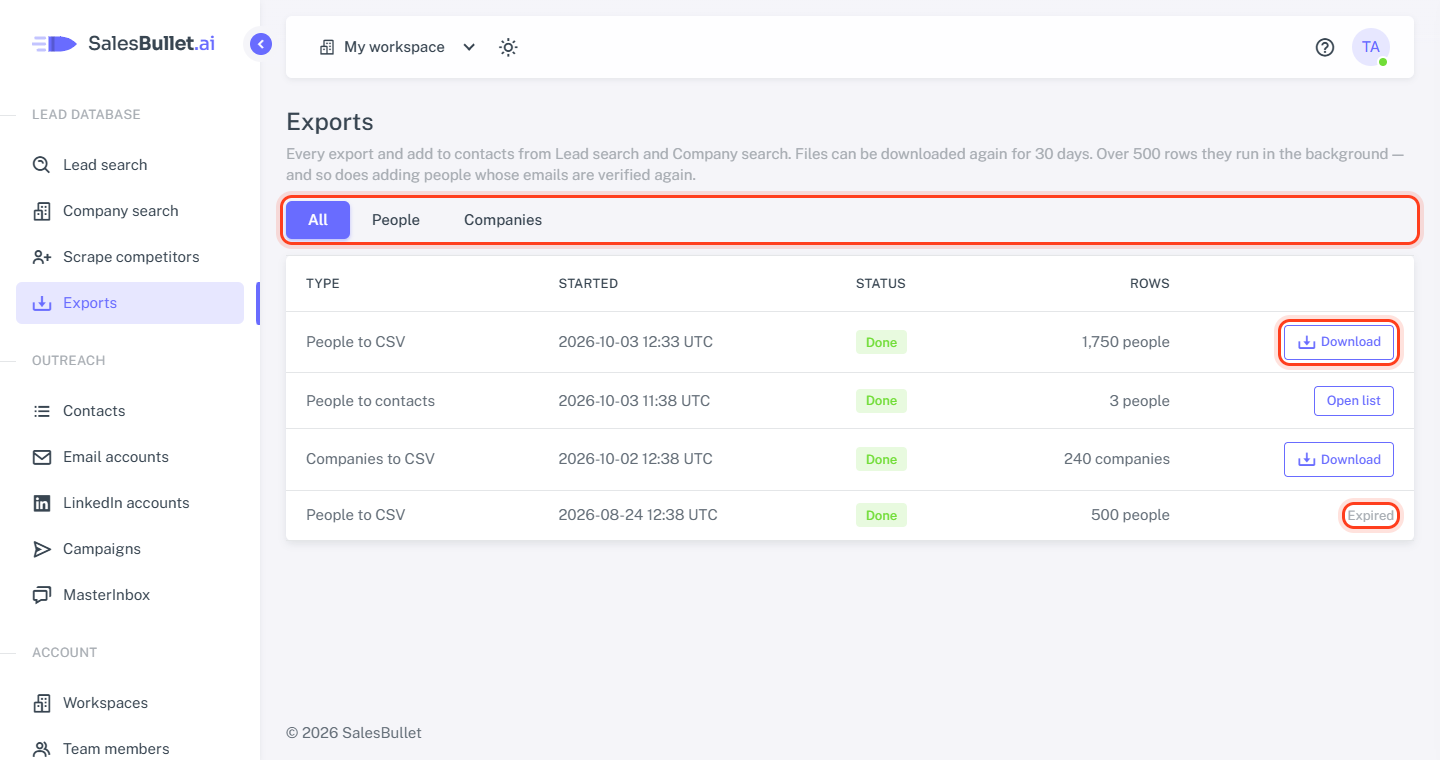 The Exports page: its tabs, a file to download and an expired one