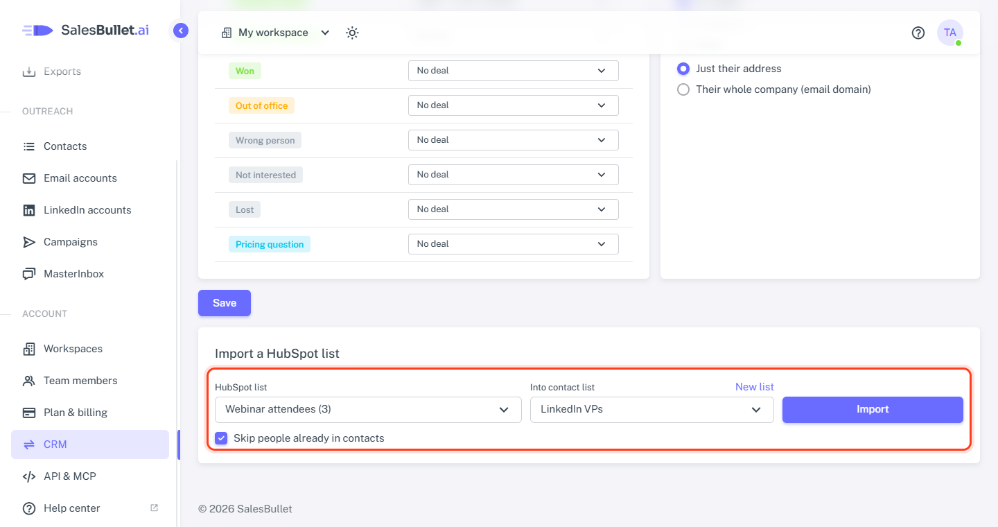 Import a HubSpot list: the HubSpot list, the contact list it goes into, and Import