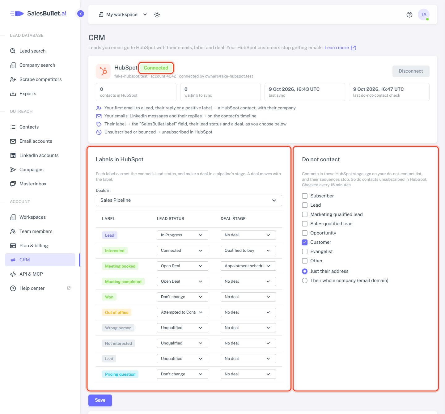 Account → CRM: HubSpot connected, a deal stage per label and the do-not-contact rules