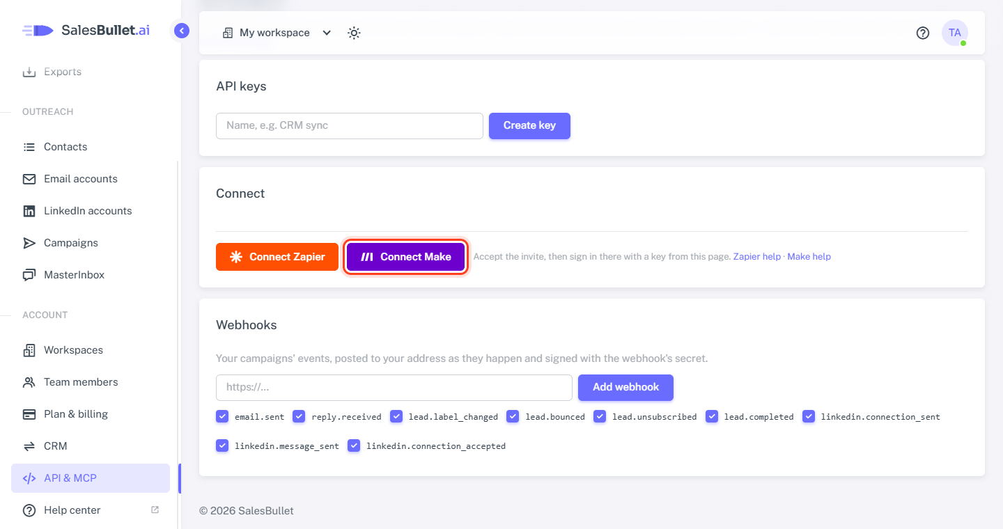 Account → API & MCP: Connect Make