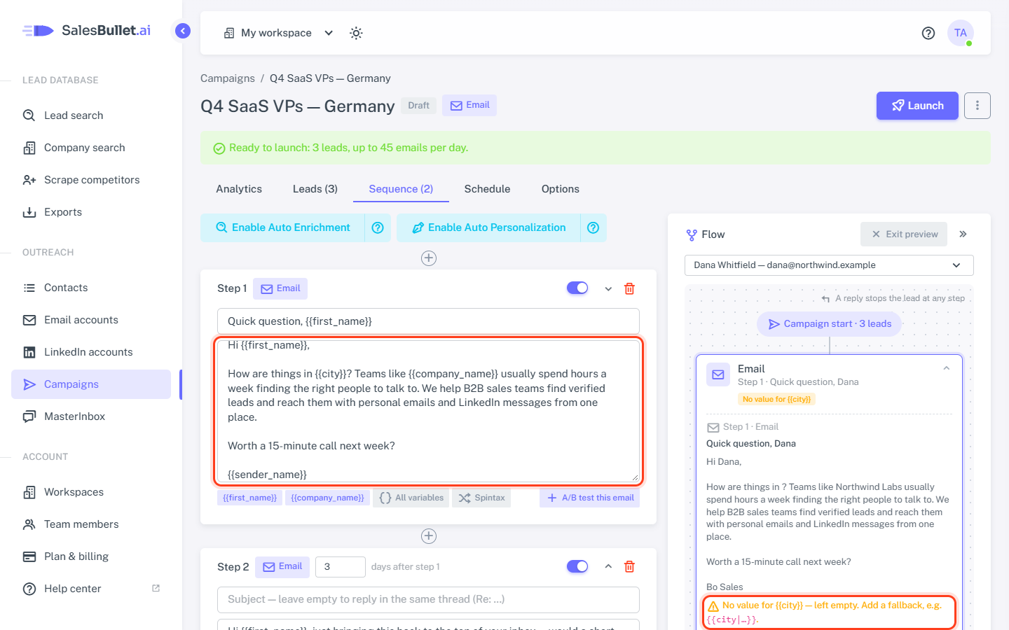 The preview warns about a value one of your leads doesn't have