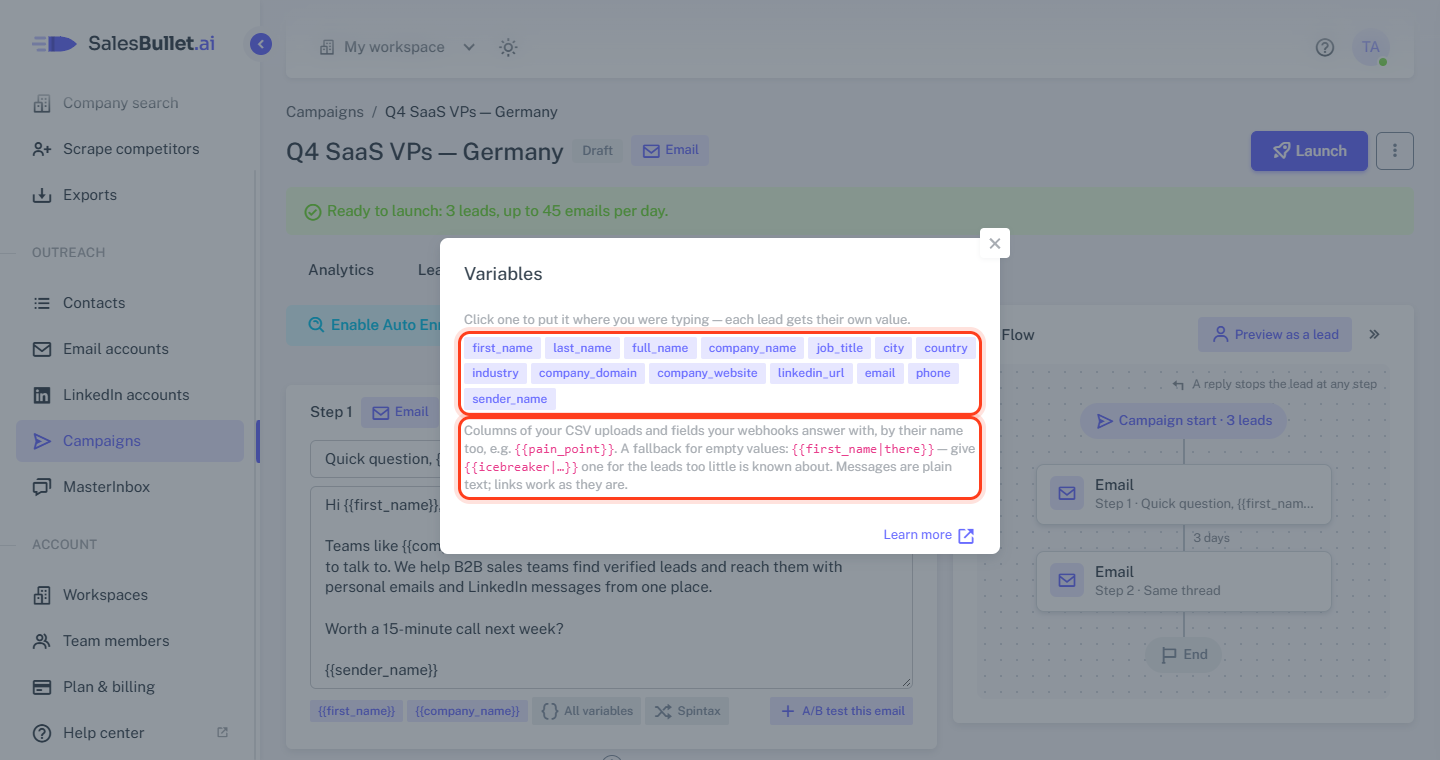 All variables: click one to put it in your message