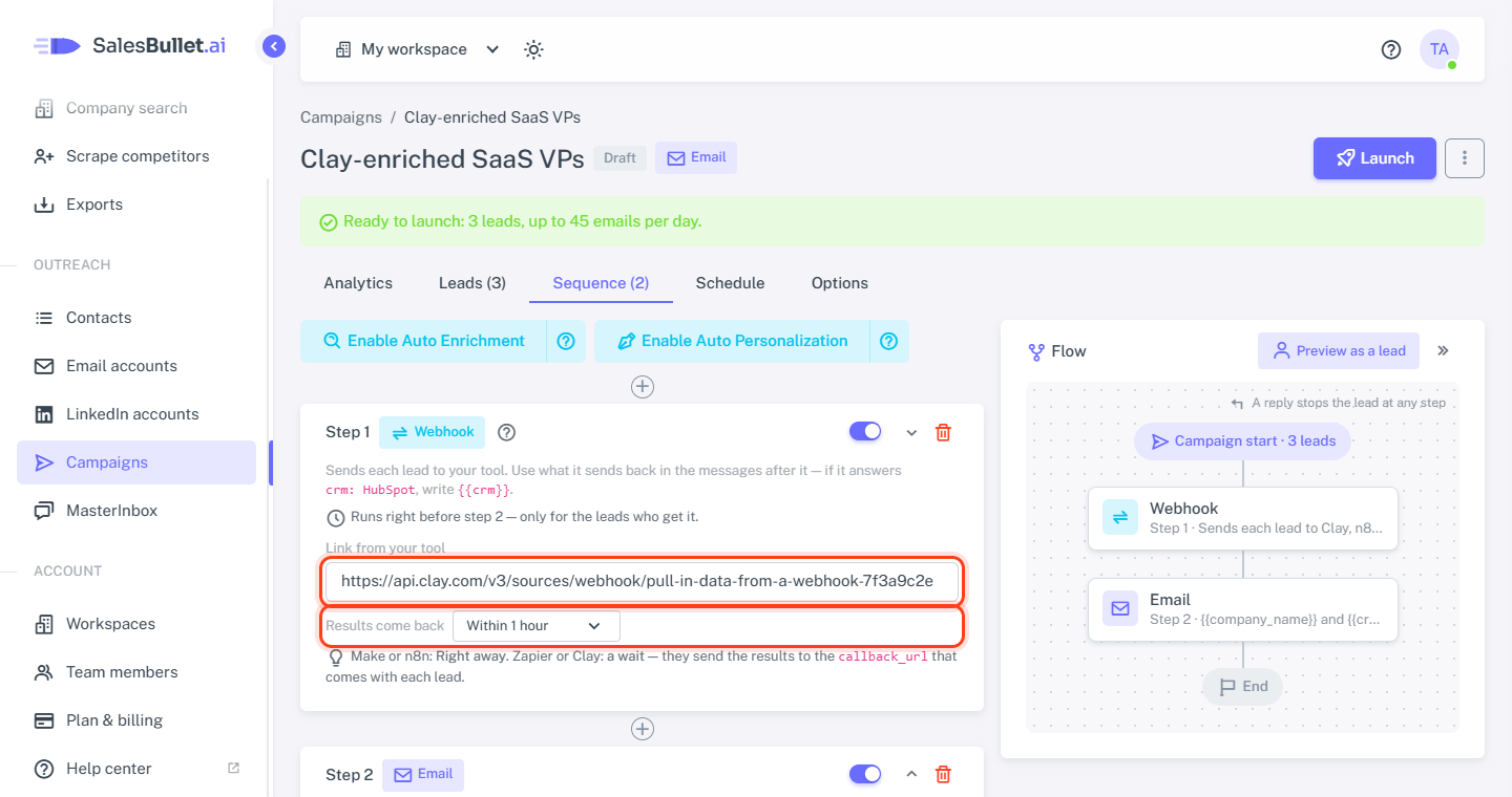 The Webhook step: the link from your tool and when the results come back
