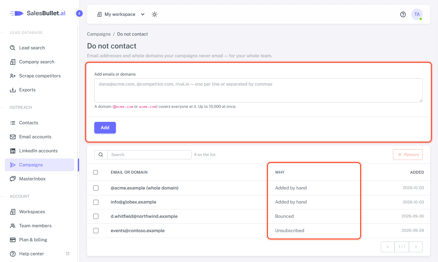 The do-not-contact list: adding emails and domains, and why each is there