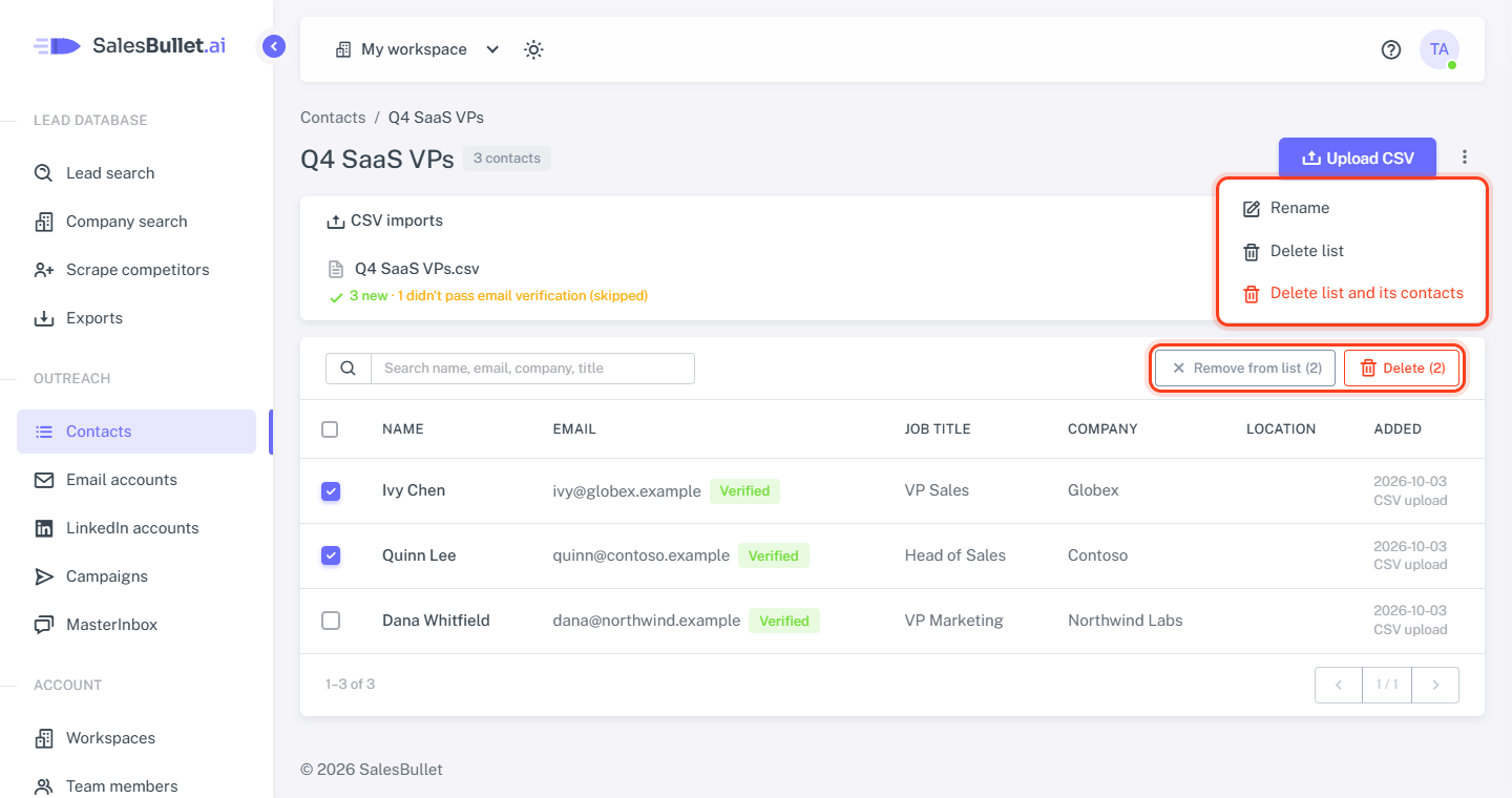 A list with two contacts ticked: Remove from list, Delete and the list's ⋮ menu
