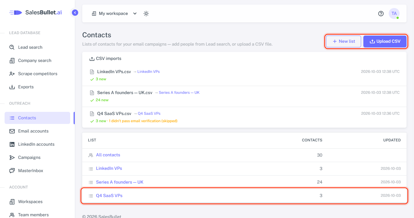 The Contacts page: New list, Upload CSV and your lists