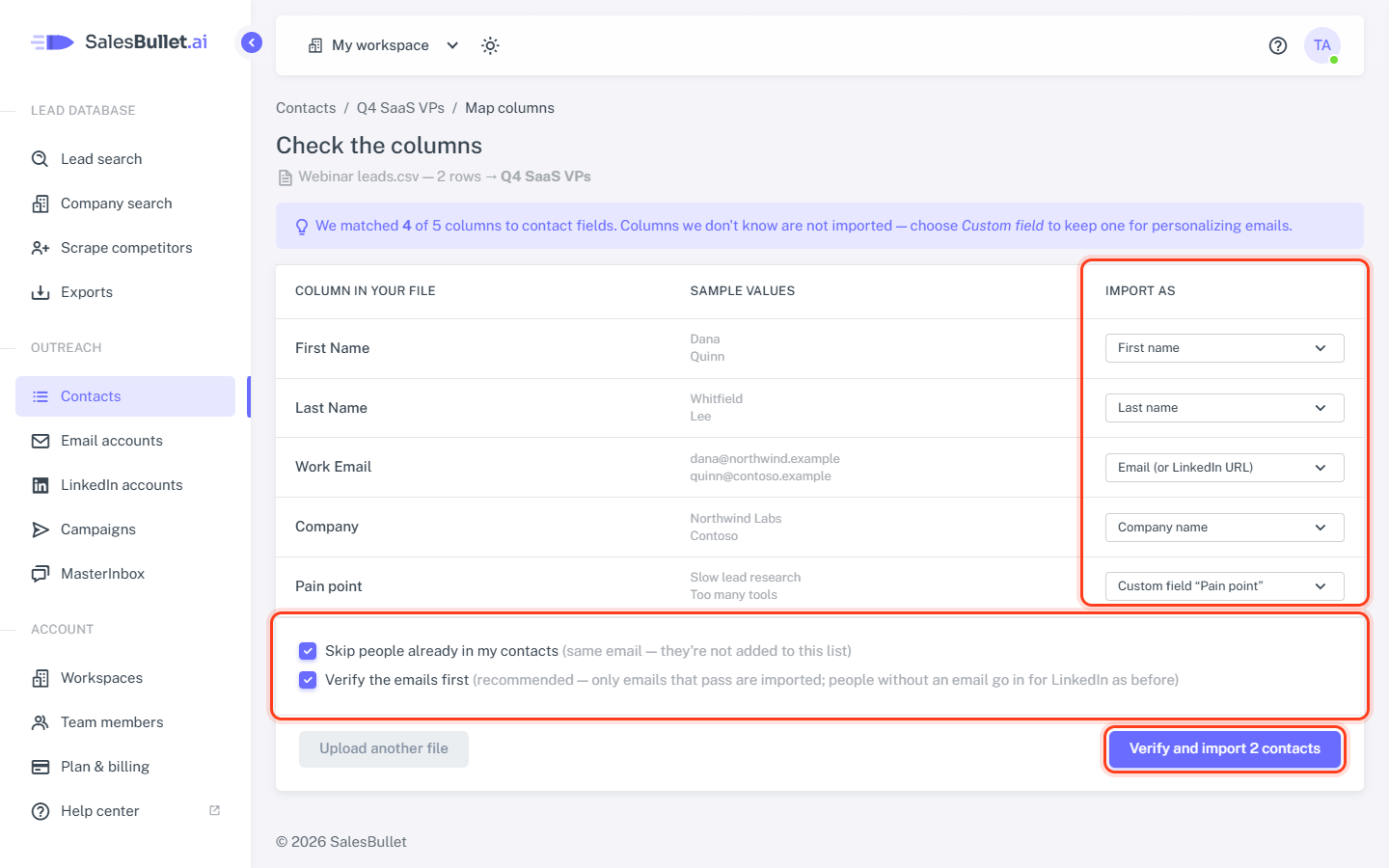Check the columns: Import as, the two options and the import button