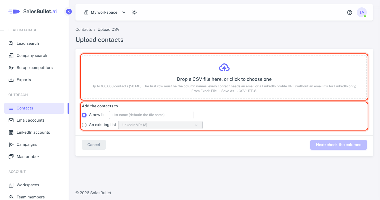 Upload contacts: the file, and the list it goes into