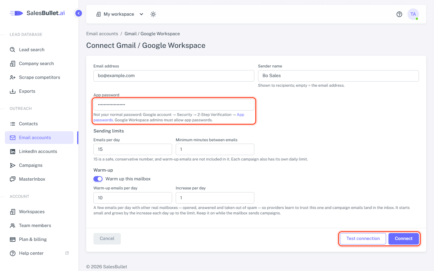 Connect Gmail / Google Workspace: the app password and Test connection