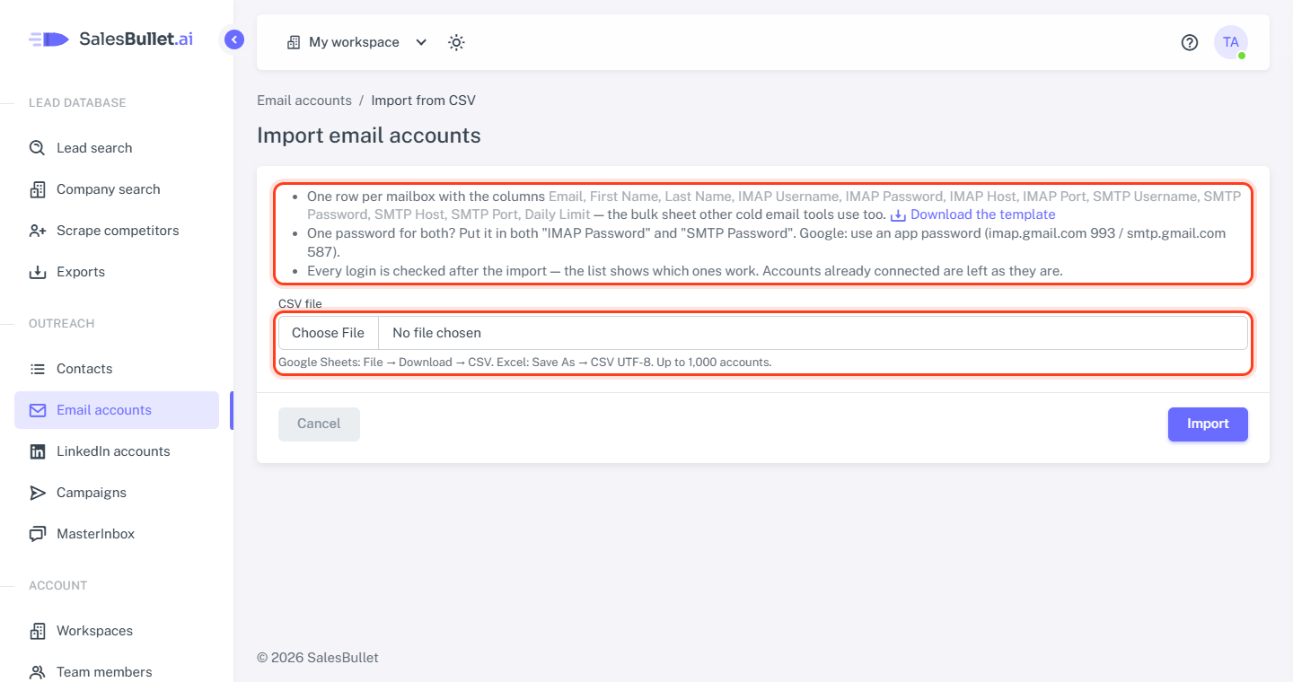 Import email accounts: the template's columns and the CSV file to import