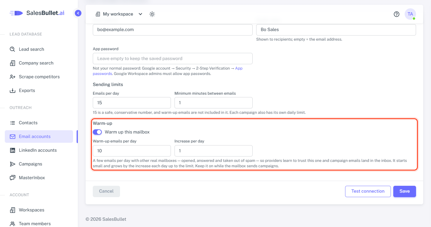 The Warm-up section of an email account: the switch, warm-up emails per day and the increase per day