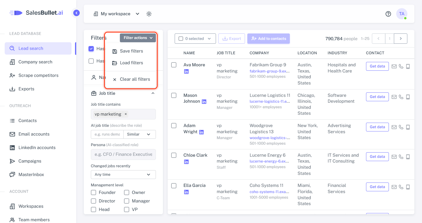 Filter actions: Save filters, Load filters and Clear all filters