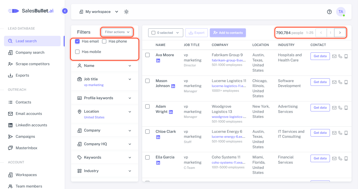 Lead search: Has email at the top of the filters, Filter actions, and how many people match