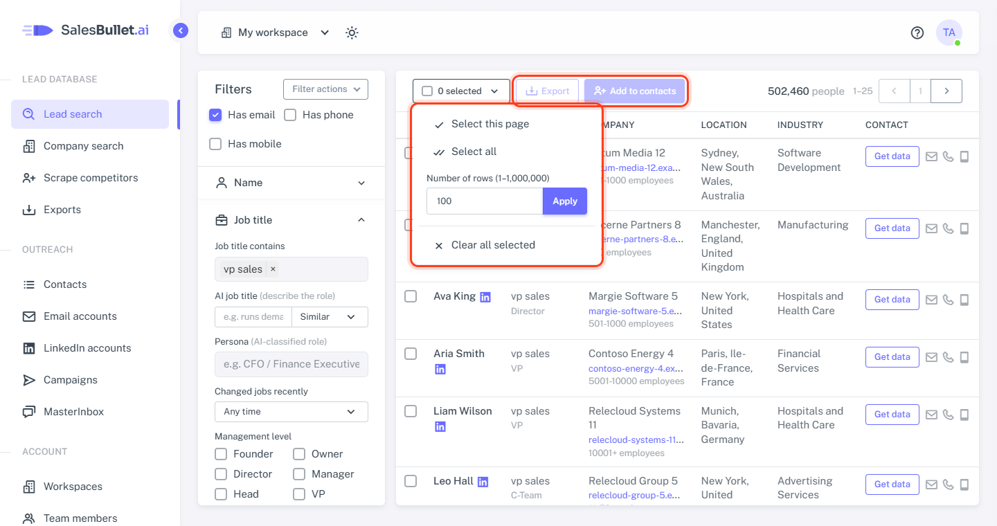 The selection menu, open next to Export and Add to contacts