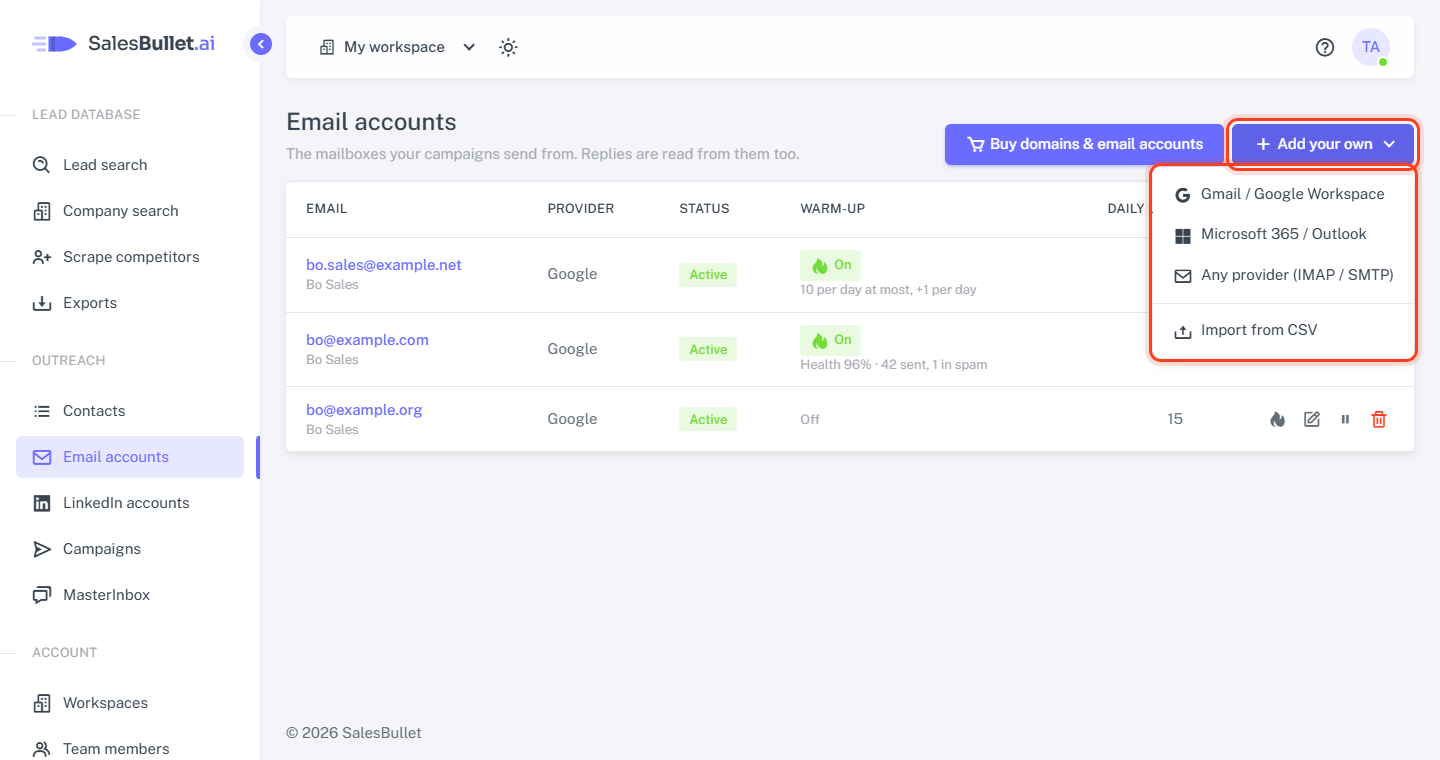 Email accounts, with the Add your own menu open