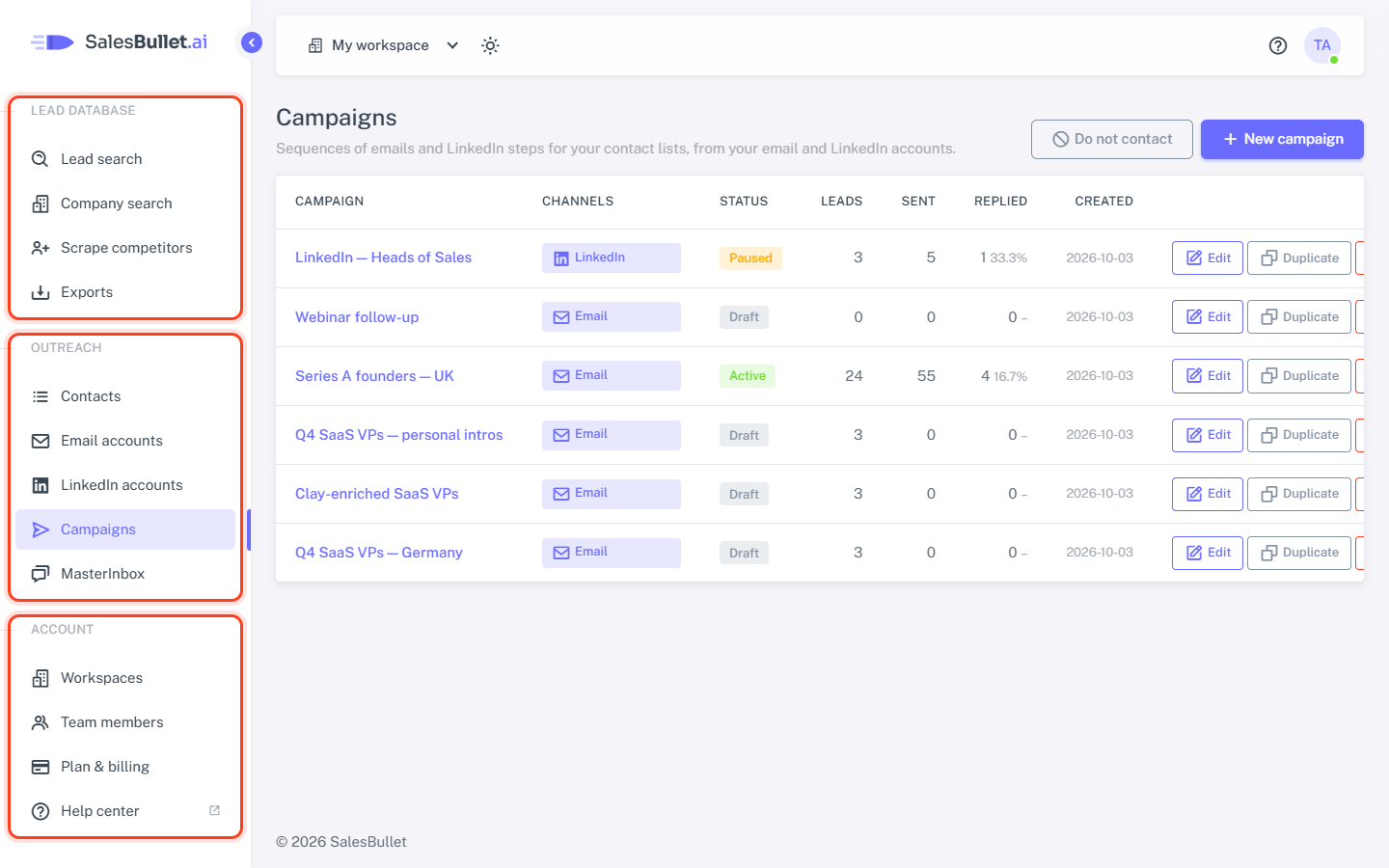 The menu: the lead database, outreach and your account