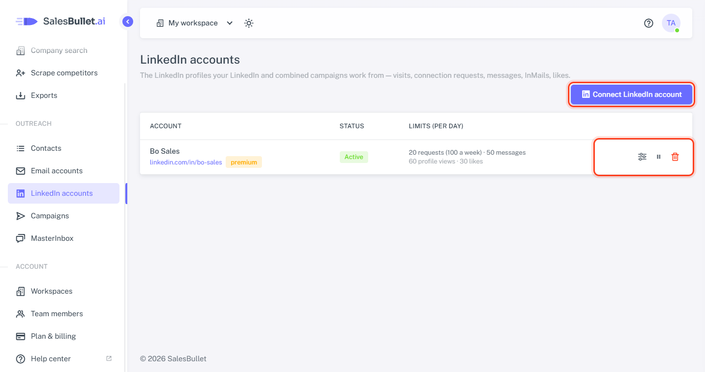 LinkedIn accounts: Connect LinkedIn account, and an account's Limits, Pause and Remove buttons