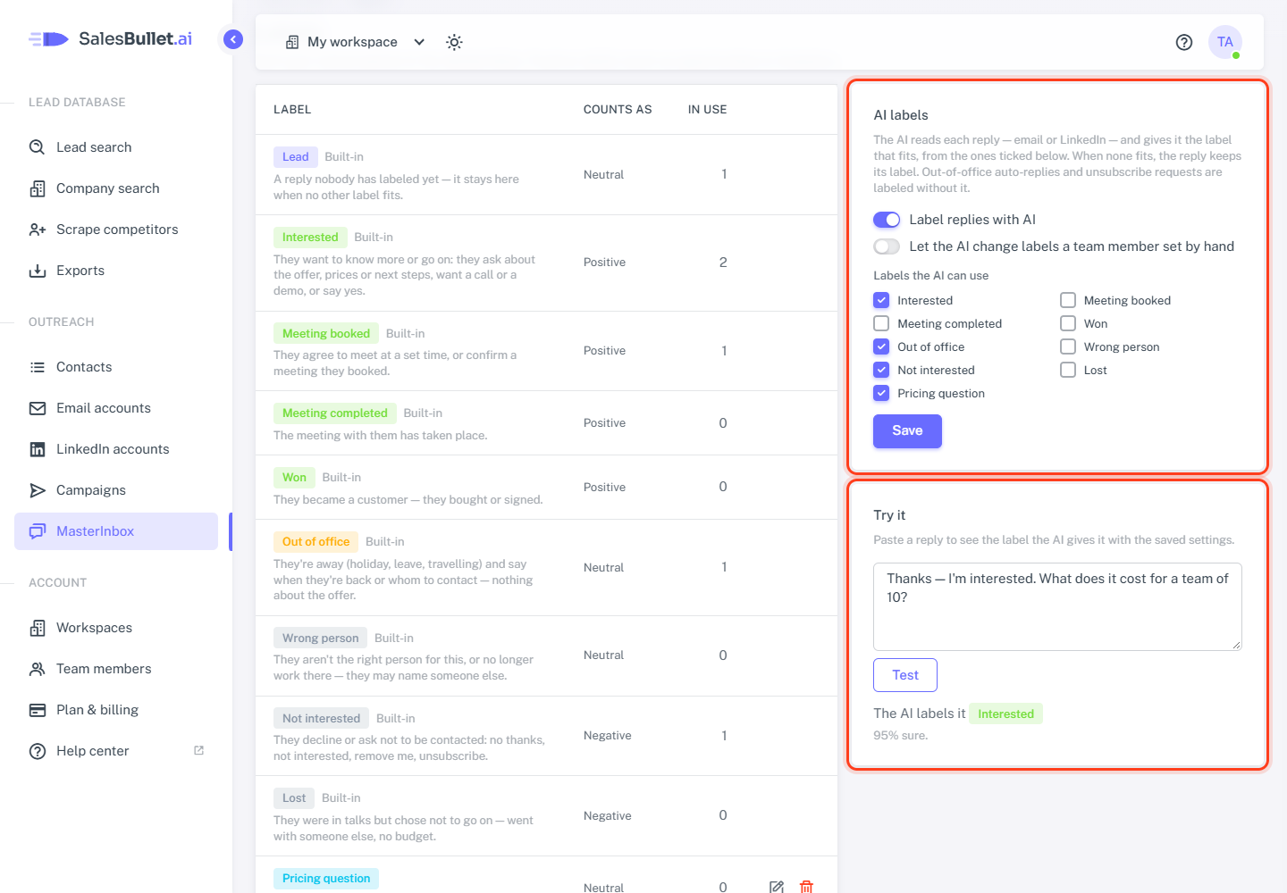AI labels on the Labels page: the settings, and Try it with a pasted reply
