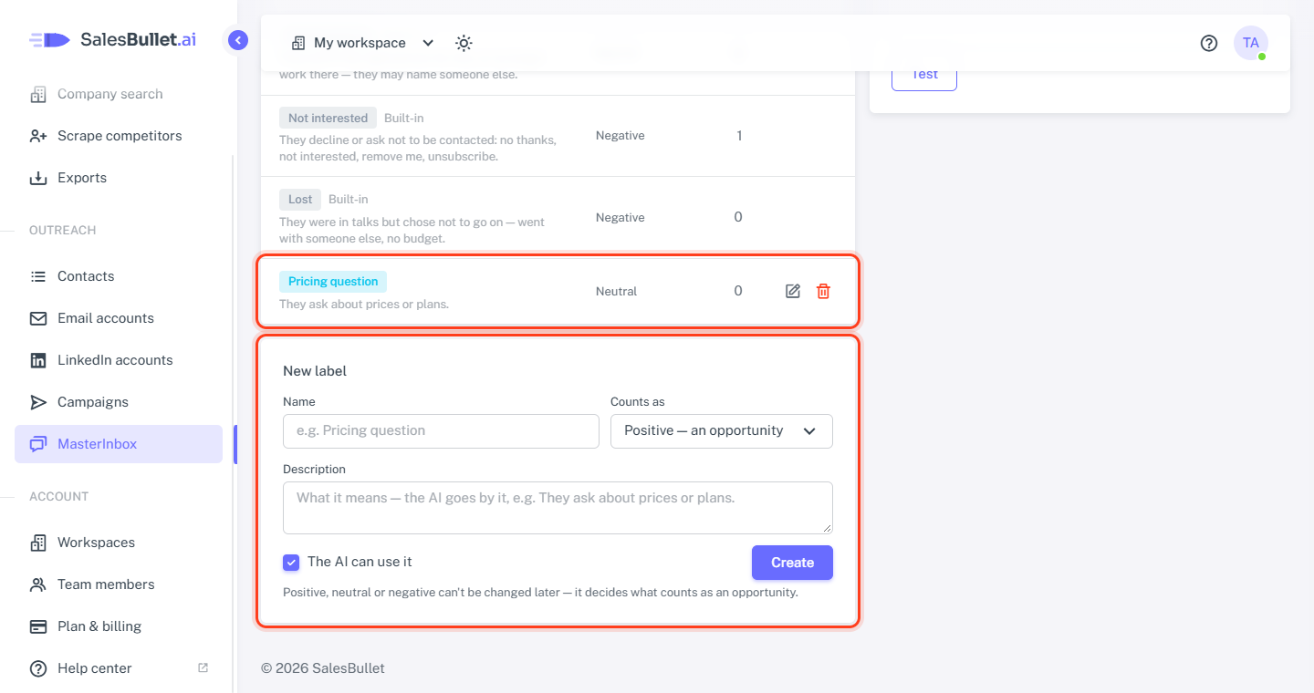 Labels: your own label under the built-in ones, and the New label form
