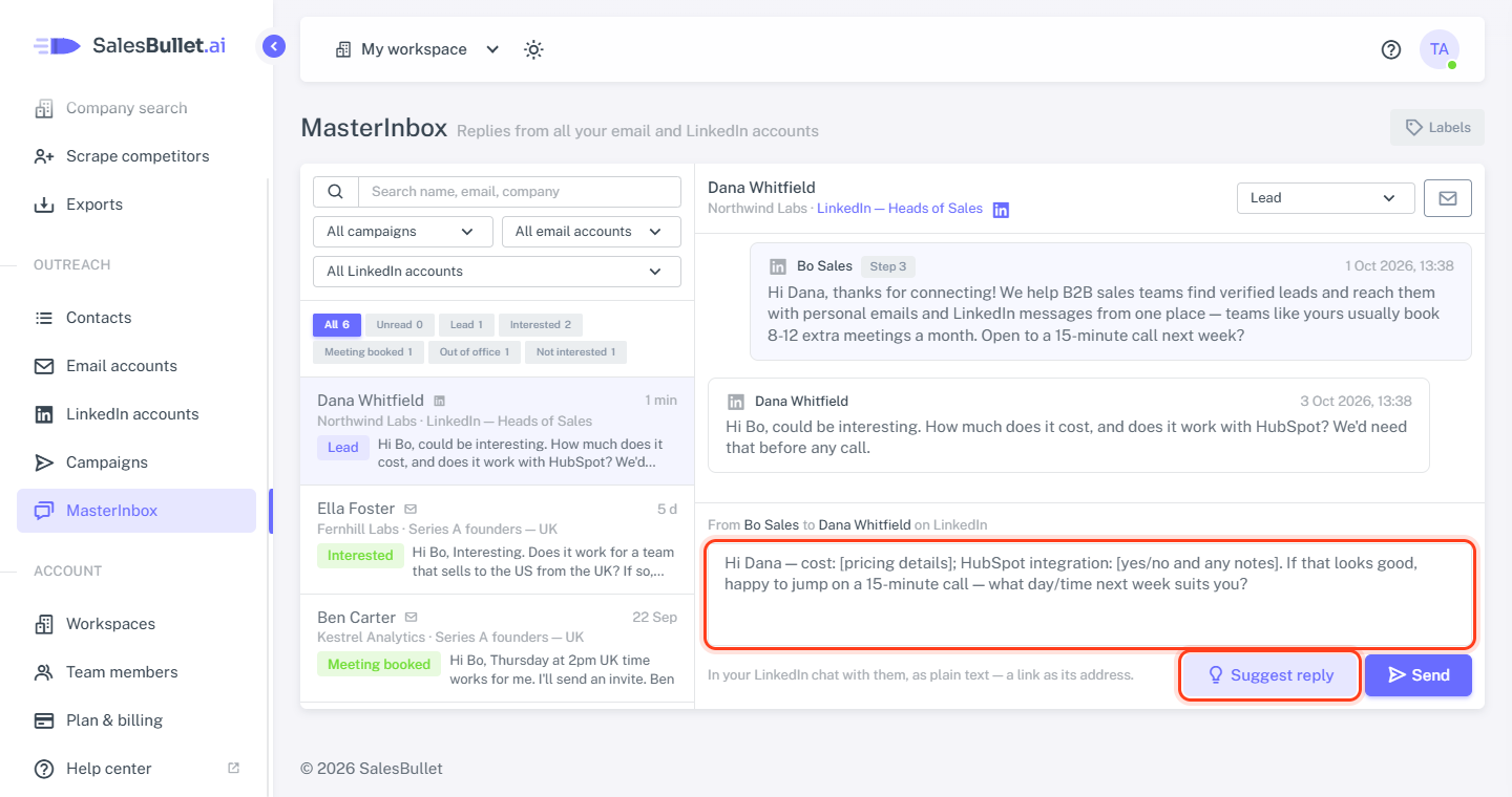 Suggest reply in the MasterInbox: the draft is in the reply box